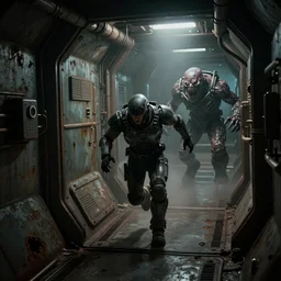 horror movie scene of an individual in futuristic armor, being chased by a horrific monster down a hallway, running through a deep space mining space station, rusty metal walls, broken pipes, side angle, dark colors, muted colors, tense atmosphere, mist floats in the air, amazing value control, dead space, moody colors, dramatic lighting, ussg ishimura, frank frazetta