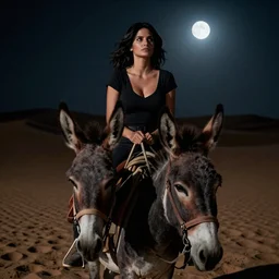 a woman’s face and body. Woman is riding a donkey in the desert at night. Moonlight. The woman is Penelope Cruz. Coen brothers. Beautiful and epic. Incredible detail. Dark. 4K 8K