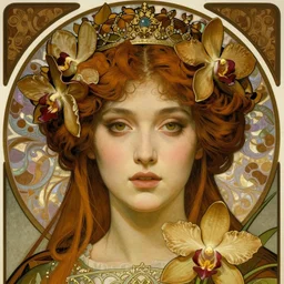 realistic detailed face portrait of a beautiful young medieval queen of orchids by Alphonse Mucha, Ayami Kojima, Amano, Greg Hildebrandt, and Mark Brooks, Art Nouveau, Neo-Gothic, gothic