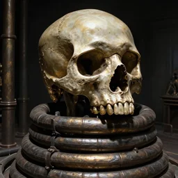 intricate, smooth, large metallic skull atop coil of thick pipes, inside a dark room, style by caspar david friedrich and wayne barlowe and ted nasmith.