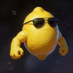 anthropomorphic lemon character, wearing cool sunglasses, badass, muscular, highly textured, flying through space, by Frank Frazetta, trending on artstation, highly detailed, full body
