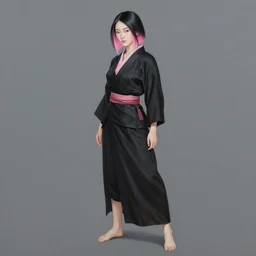 painting by krenz cushart!!, full body of a samurai woman with sidecut black and pink hair and detailed green eyes, stern look, finely detailed features, intricate brush strokes, beautiful lighting, trending on pixiv fanbox.