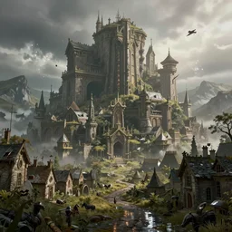 a humongous city abandoned on the medieval highlands biome, digital art, wet reflections, intricate details, fantasy, hyper realism, humongous view, rtx, smooth, cinematic