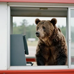 film still of a brown bear working a drive thru window, 8 k