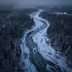 high altitude aerial view of a long sinuous frozen river going through a winter forest at night, foggy, 3 d photorealistic octane render, 8 k, sharp focus, dramatic lighting, night lighting, renaissance painting, by michael kutsche, by artgerm and tim burton