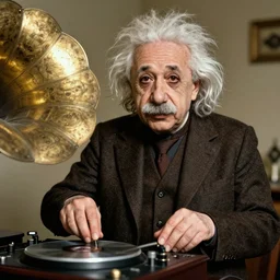 photo of Albert Einstein DJing a phonograph, vintage, highly detailed facial features