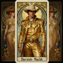 a dramatic ethereal epic symmetrical painting of a handsome cowboy in a shimmering! golden! outfit | tarot card, art deco, art nouveau, (steampunk), homoerotic, realistic | by Dresden Codak, by Mark Maggiori and ((((Alphonse Mucha))) | trending on artstation