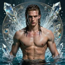 portrait of a young handsome cyberpunk viking man, drenched body, wet dripping hair, emerging from the water, fantasy, regal, fractal crystal, fractal gems, by stanley artgerm lau, greg rutkowski, thomas kindkade, alphonse mucha, loish, norman rockwell.