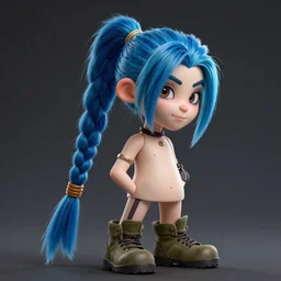 a full shot of CGI Jinx, blue well presented ponytail hair, beautiful well rounded face, not wearing many clothes, wearing military shoes, slend body, from Arcane, from League of Legends, digital art, exquisite detail, polished, post-processing, photo-shopped, low angle, octane render, unreal engine, hyper realism, cinematic, trending on ArtStation, 8k, High contrast, by Roger Magrini n-8