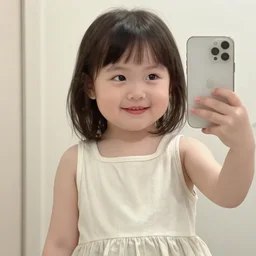 a cute, pretty, plump, 1 3 - year - old girl with short hair in a skirt smiling. selfie. iphone.