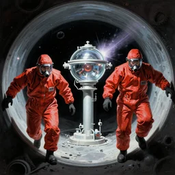 two scientists wearing red hazmat suits entering zero gravity threshold between universes by frank frazetta