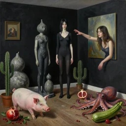 realistic painting of a trashed female artist's apartment, black dripping walls, tall emo catgirl, a stone gourd sculpture, a pig, a woman reaching out from inside a painting on black walls, a pomegranate, cactus, octopus, a courgette, 1 6 mm, berries, zen, sensual, surrealist painting by magritte and rousseau and monet
