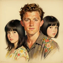“ tom holland portrait by ikenaga yasunari and ayana otake and ko rakusui, 6 0 s poster, drawing, realistic, sharp focus, japanese, dreamy, nostalgia, faded, golden hues, floral clothes ”