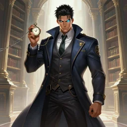 a highly detailed illustration of Daniel Matsunaga as serious detective wearing detective coat, glowing eyes, dramatic standing holding pocket watch with chain pose, infinite space library background, muscular, intricate, elegant, highly detailed, centered, digital painting, artstation, concept art, smooth, sharp focus, league of legends concept art, WLOP