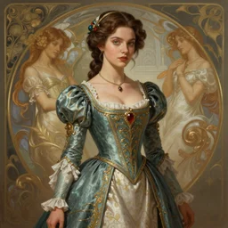 Nina Dobrev dressed in a victorian fashion, D&D, fantasy, intricate, elegant, highly detailed, digital painting, artstation, concept art, matte, sharp focus, illustration, art by Artgerm and Greg Rutkowski and Alphonse Mucha