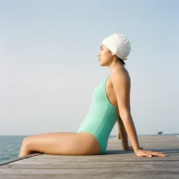 a film photograph of a woman slender, wearing a mint green one-piece swimsuit, wearing a white bathing cap, sitting on a wooden dock, low angle and side profile, far shot, Kodak Portra 800, Kodak film photography