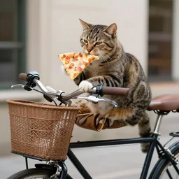 cat on a bike chilling and eating pizza slice