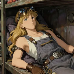 portrait of a mechanic lying in her cramped and dimly lit bunk, blonde, tank top, overalls, steampunk, defined face by ilya kuvshinov, highly detailed, cel shading, digital painting, anime key visual, artwork by hayao miyazaki and alphonse mucha