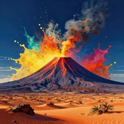 volcano in a desert landscape splash art graphic design color splash high contrasting art, fantasy, highly detailed, art by greg rutkowski