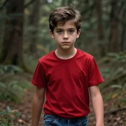 portrait, teenager, detailed eyes, brown hair, thin eyebrows, red shirt, blue jeans, walking in forest, detailed face, realistic photo.