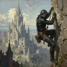 landscape painting of a hooded thief in leathers using a rope to climb a tall building with a fantasy city, fine details, magali villeneuve, artgerm, rutkowski