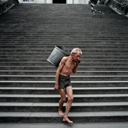 movie still by tarkovsky of an skinny old man carrying a bucket with a horse on an infinite stair by escher, cinestill 8 0 0 t 3 5 mm eastmancolor, heavy grain, high quality, noir, natural textures, photorealistic, ambient occlusion, hd, ultra wide lens, anamorphic