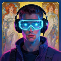 neon cyberpunk programmer with glowing geordi visor over eyes and sleek headphones headshot portrait painting by donato giancola, christopher balaskas, loish, alphonse mucha, mead schaeffer astronaut fashion photography