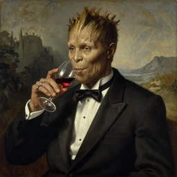 portrait painting of the groot as a gentleman wearing tuxedo drinking wine, style by leonardo da vinci, masterpiece, artwork
