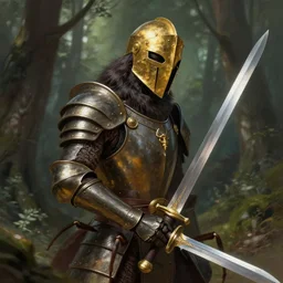 photo of a humanoid ant - eater dressed in armor with a golden helmet on the head, hold sword in the forest, highly detailed, digital painting, artstation, smooth, sharp focus, illustration, art by artgerm and greg rutkowski and alphonse mucha