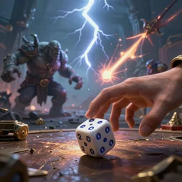 an epic battle in dream scape, as a hand tosses a d 2 0 die onto a the table. in the dreamscape shows fighting, lightning hitting an orc, magic shooting forth from different directions, artstation, artgerm, 8 k