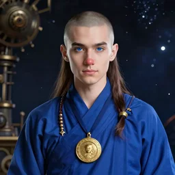 beautiful portrait of a incredibly handsome young male wearing a sacred blue monk tunic, and a gold medallion!! around neck, detailed deep blue eyes, elongated face, face shaved!!, round rosy nose, medium brown hair in ponytail!!!, space background, trending on artstation, sharp focus, illustration, caustics, octane render, 4 k, radiant light, art by wlop and artgerm, steampunk fiction