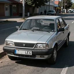 cheap, silver paint sedan Lada priora car, broken front, front view, heavy grain, hyperrealistic render, daylight, ray tracing, street photo