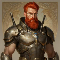 portrait of a gingerbearded man with glasses, sci - fi armour, muscular! cyberpunk, intricate, elegant, highly detailed, digital painting, artstation, concept art, sharp focus, illustration, art by artgerm and greg rutkowski and alphonse mucha