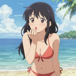beautiful anime woman in a tiny bikini blows a kiss