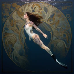 underwater photography full body portrait of beautiful norwegian diver tattooed young hunter pincess swimming underwater, low angle, realistic, 4 k, high quality, masterpiece photography by terry o'neill intricate, elegant, highly detailed, smooth, sharp focus, by artgerm and greg rutkowski and alphonse mucha, 8 k