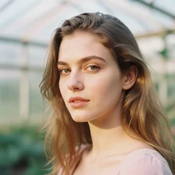 head and shoulder, close up portrait photograph of a beautiful woman inside a greenhouse by nina masic. pastel colors. portra 4 0 0 film. mamiya 7. highly detailed. hq. photoreal. golden hour. raw. in - frame