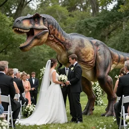 tyrannosaurus rex attacks during ceremony, wedding photos, detailed, 4k