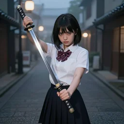 sukebon delinquent girl holding a samurai sword threateningly, foggy night on a japanese city street