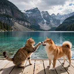 a brown cat fist bumping a shiba inu on top of a wooden dock, in the background is a beautiful view of crystal clear water and a mountain range