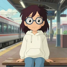 attractive cartoon woman, dark hair, glasses, wearing jeans and a hoodie, waiting at a train station in the style of a ghibli movie