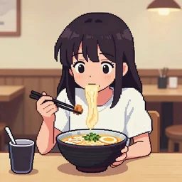 \'pixel art anime girl in ramen cafe, soft colors, 1990\'