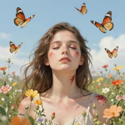 All wounds will bloom with flowers in one day, Butterflies from them will fly into the sky. By faith and love they lead with their eyes closed, In parallel, resting on the angels of the voice, artstation, concept art, sharp focus, illustration