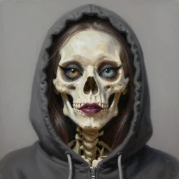 a surrealistic head and shoulder painting of a gorgeous female skeleton with cat eyeballs and lipstick and hoodie, in the style of lise deharme, digital art, detailed masterpiece