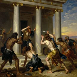a painting of a thieves breaking into the temple, art by frank weston benson, dynamic lighting by delphin enjolras.