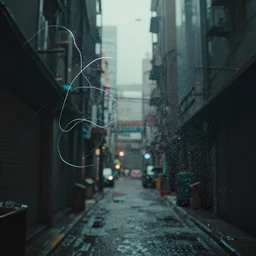 a few thin streams of microscopic multi-colored glitter twist and twirl in a light breeze above the narrow streets of a cyberpunk city