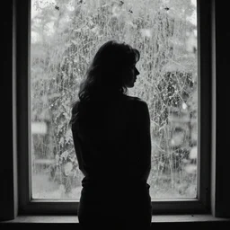 silhouette of a woman in front of a dirty window, photo by Francesca Woodman,
