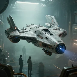 ( cyberpunk 2 0 7 7, bladerunner 2 0 4 9 ) no fog : 1 0, scientists creating an artificial alien highly detailed futuristic biomechanical thick smooth quad wing combat spaceship inside spaceship lab, photographic, octane render, photorealistic, art by brian sum and annie leibowitz, film still from the movie by ridley scott