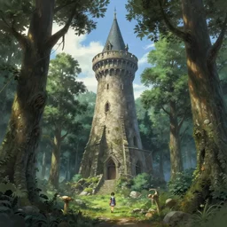 an archaic tower looming over a grove of ancient trees, in the style of ayami kojima and kentaro miura, realistic digital painting, medieval fantasy, very detailed