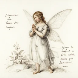 sketch, study of a fairy, in the style of leonardo da vinci, with written notes, annotations,