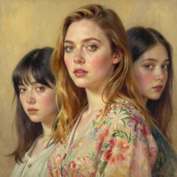 “ elizabeth olsen portrait by ikenaga yasunari and ayana otake and ko rakusui, drawing, realistic, sharp focus, japanese, dreamy, nostalgia, faded, golden hues, floral clothes ”